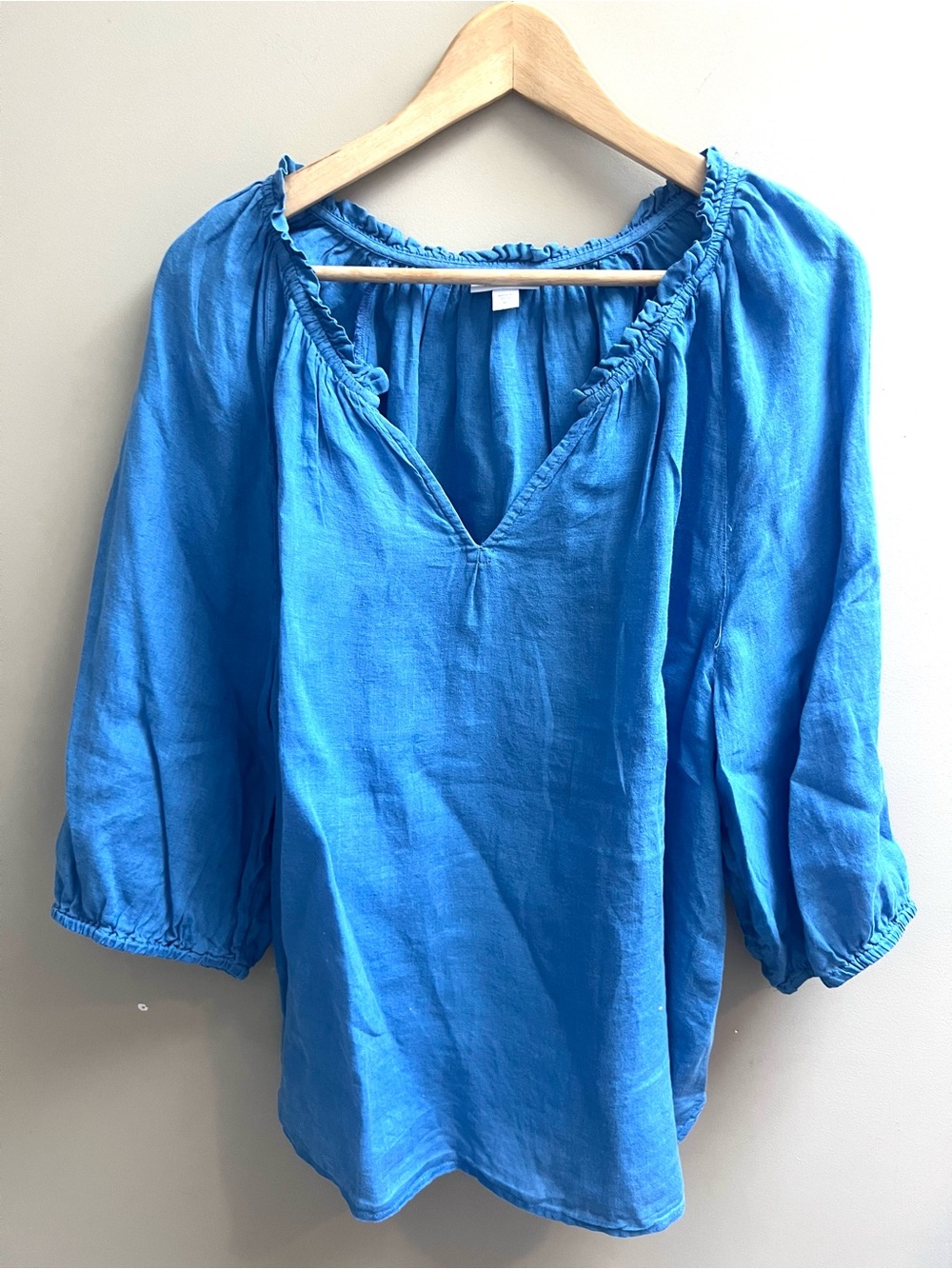 J. Jill Bright Blue Peasant Blouse linen with V-Neck Ruffle